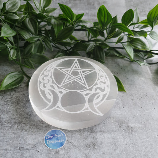 Selenite Triple Moon Goddess Pentacle Charging Plate