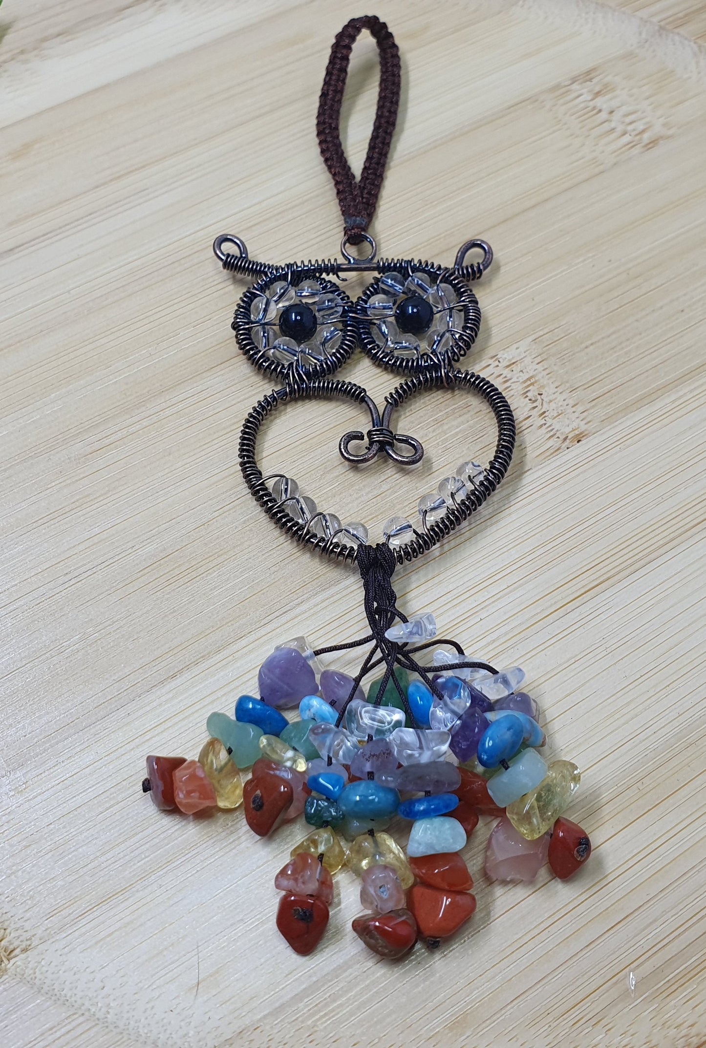 Clear Quartz Beaded Owl with Crystal Chakra Chips Keychain #1