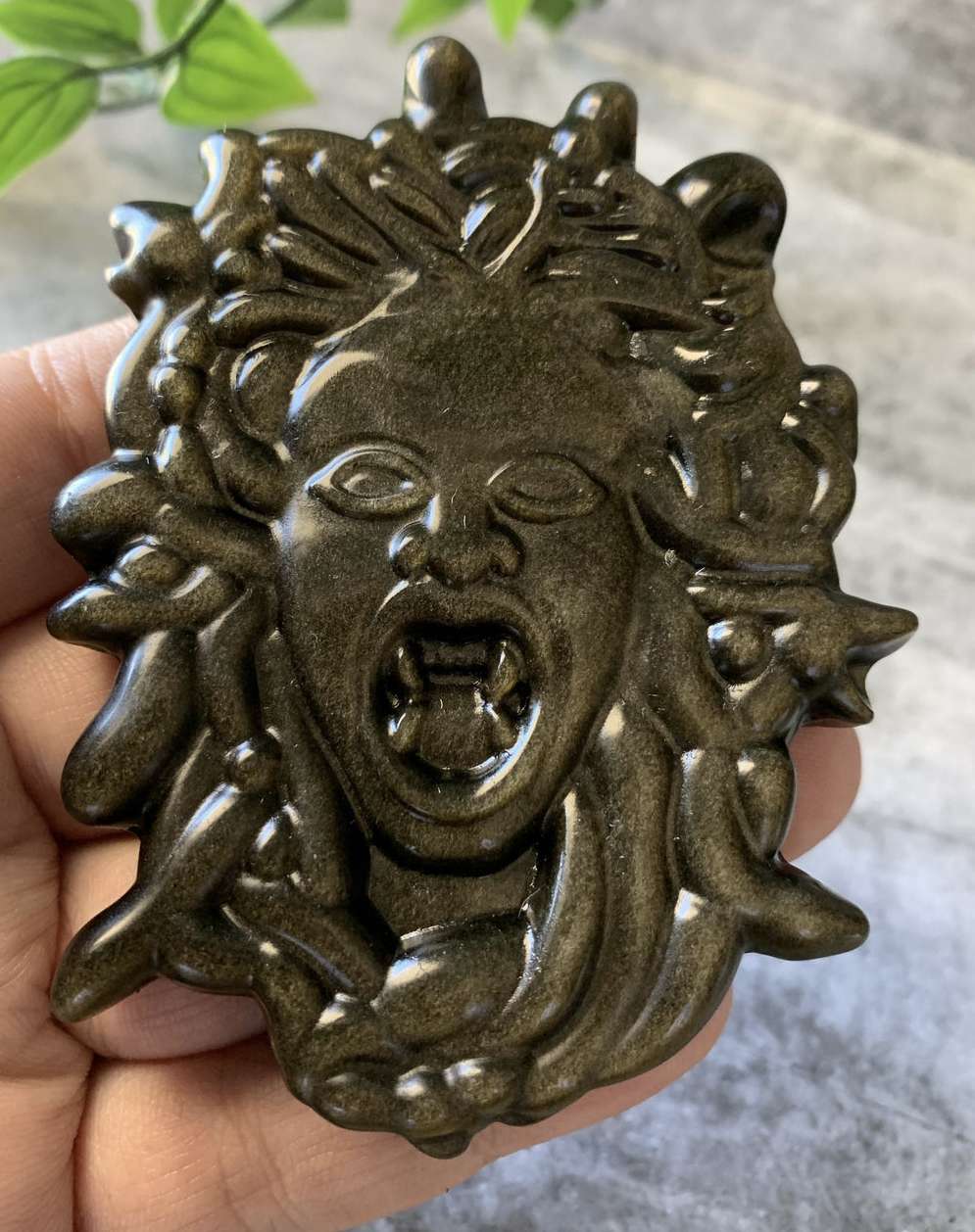 Gold Obsidian Medusa Carving