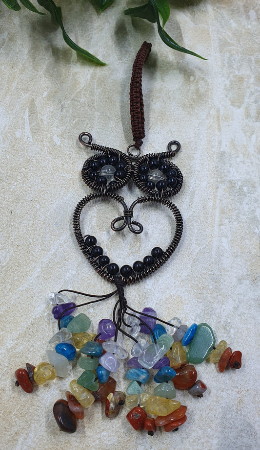 Black Obsidian Beaded Owl with Crystal Chakra Chips Keychain #2