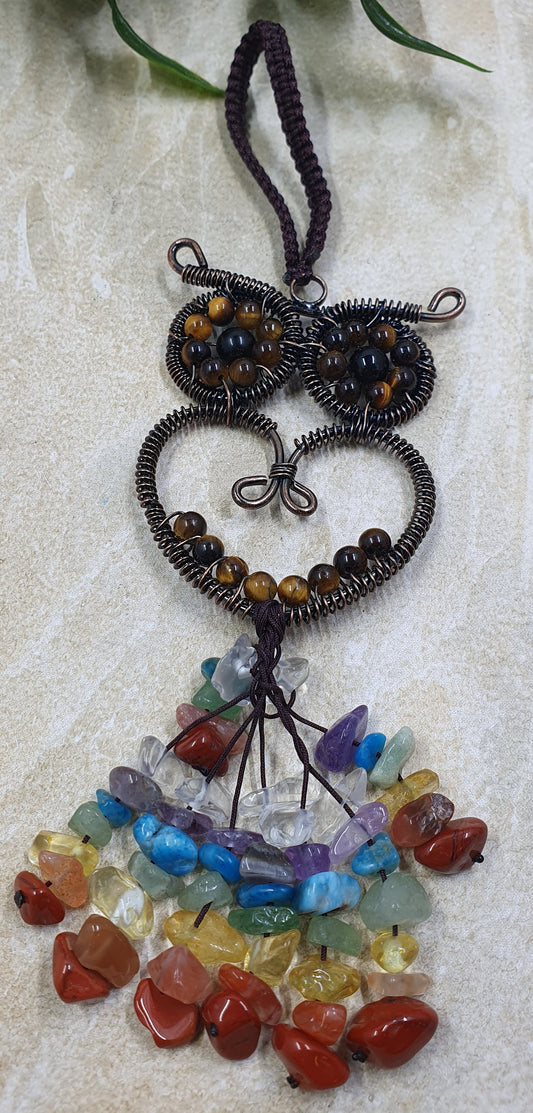 Tigers Eye Beaded Owl with Crystal Chakra Chips Keychain #3