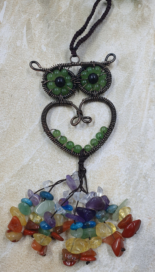 Green Aventurine Beaded Owl with Crystal Chakra Chips Keychain #4