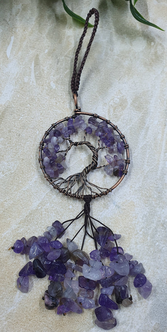 Amethyst Round Tree of Life with Crystal Chips Keychain #7