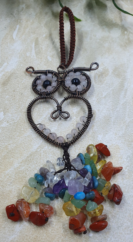 Rose Quartz Beaded Owl with Crystal Chakra Chips Keychain #8