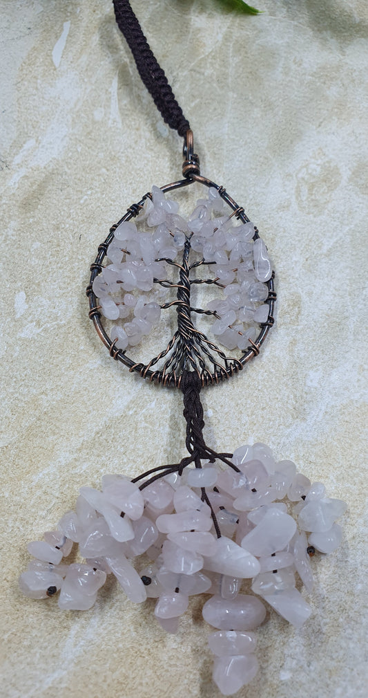 Rose Quartz Oval Tree of Life with Crystal Chips Keychain #9