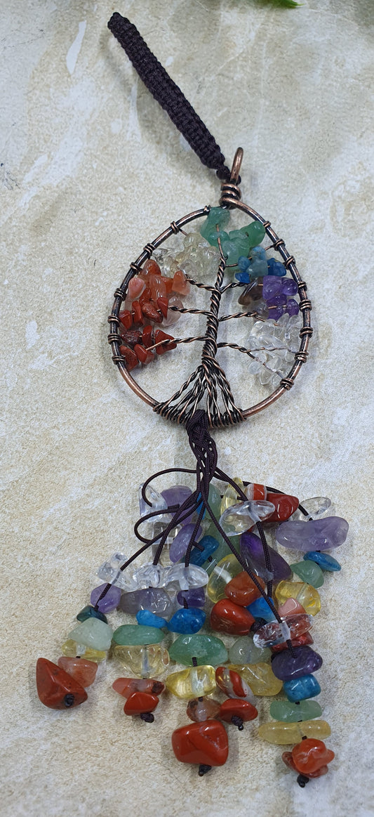 Chakra Oval Tree of Life with Crystal Chips Keychain #10