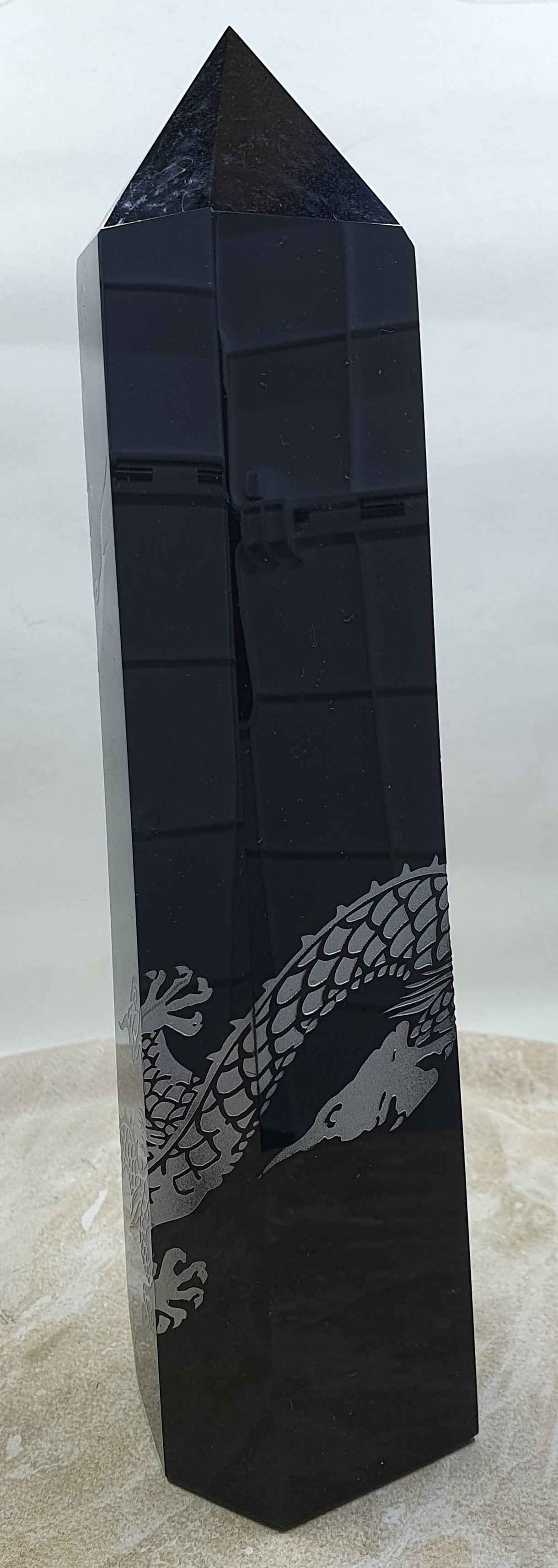 Black Obsidian with Etched Silver Dragon Tower #1