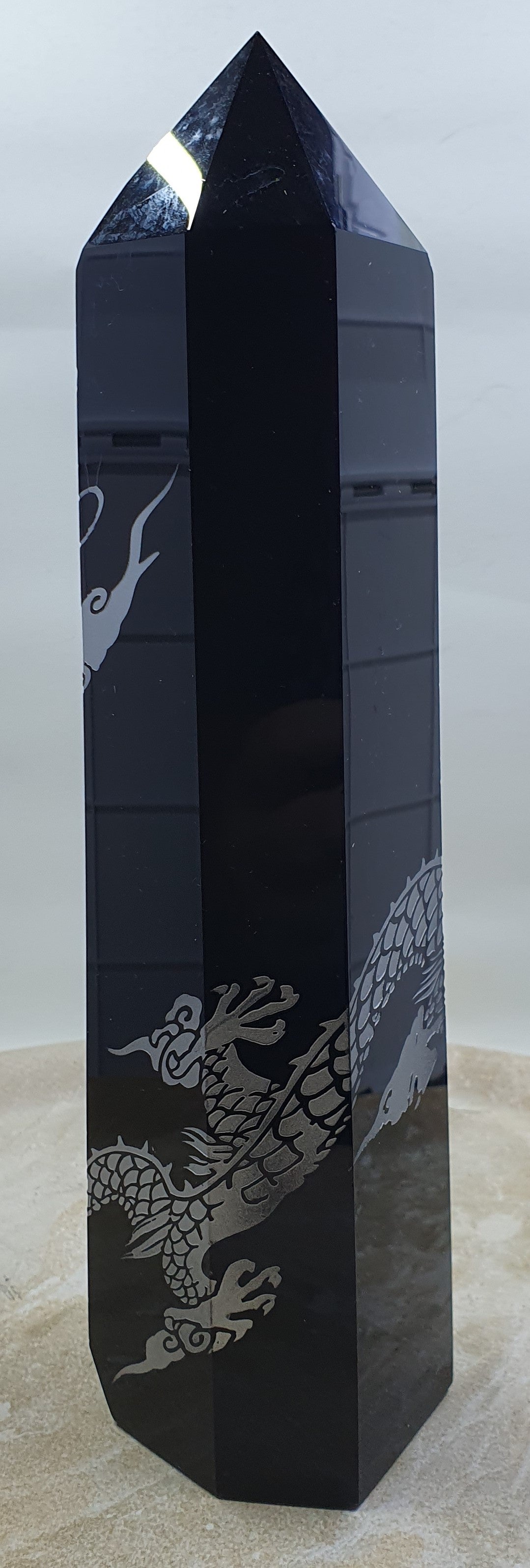 Black Obsidian with Etched Silver Dragon Tower #1