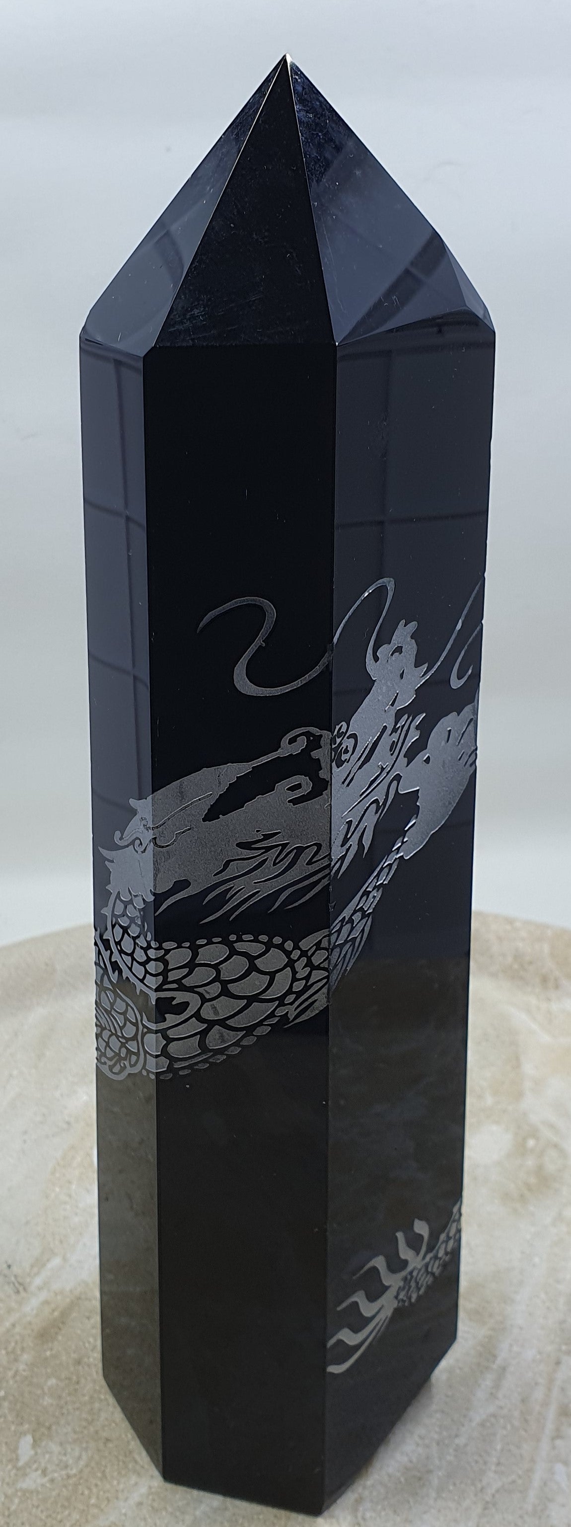 Black Obsidian with Etched Silver Dragon Tower #1