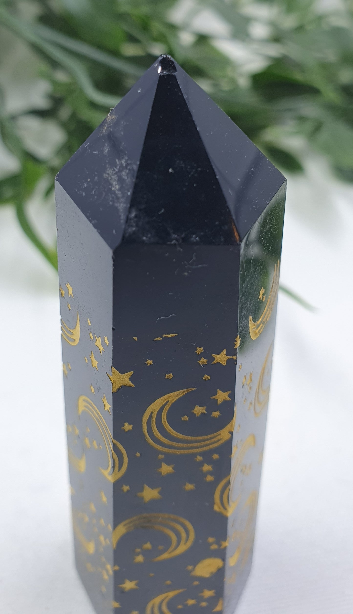 Damaged Item - Black Obsidian Etched Star & Moon Point #2